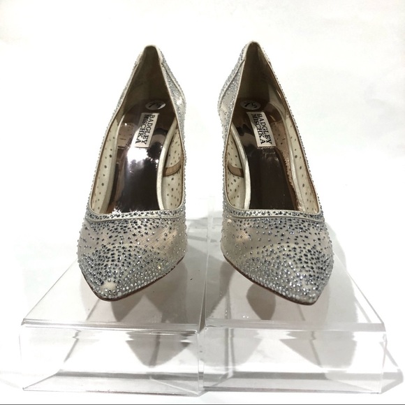 Badgley Mischka Collection Weslee Satin Pointy Toe Rhinestone Pump Heels Ivory - Picture 3 of 12